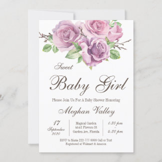 Invitaciones a la ducha de bebé, flores moradas