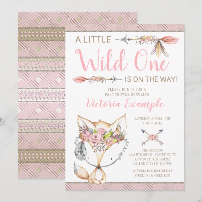 Invitaciones a la ducha de bebé Fox para chicas (Anverso / Reverso)