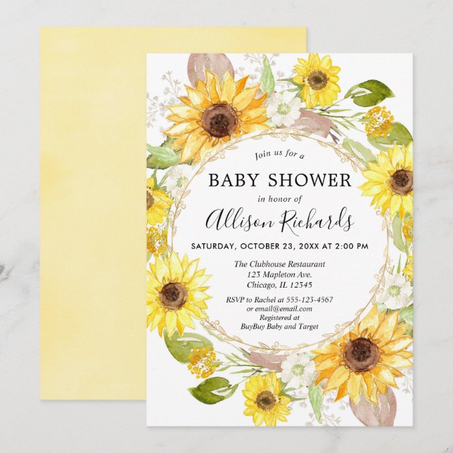 Invitaciones a la ducha de bebé girasol acuarela (Anverso / Reverso)