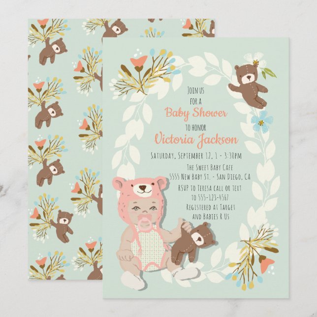 Invitaciones a la ducha de bebé gorra Woodland Bea (Anverso / Reverso)