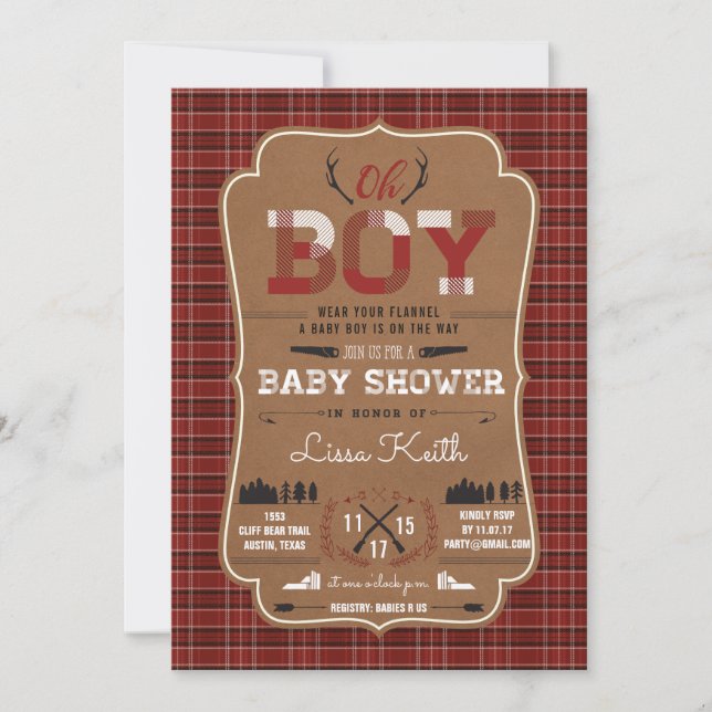 Invitaciones a la ducha de bebé Lumberjack Baby Bo (Anverso)