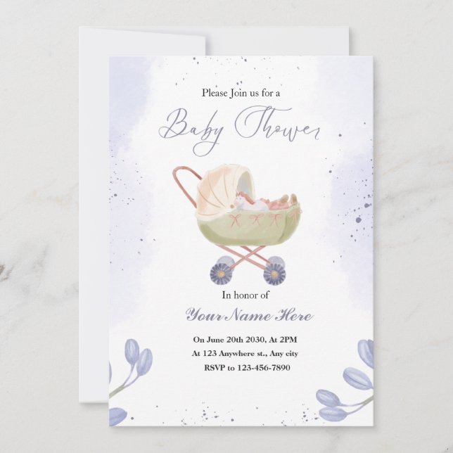 Invitaciones a la ducha de bebé morado blanco oscu (Anverso)