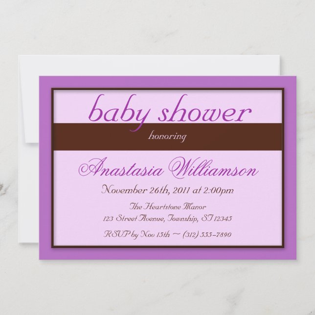 Invitaciones a la ducha de bebé morado con franja  (Anverso)