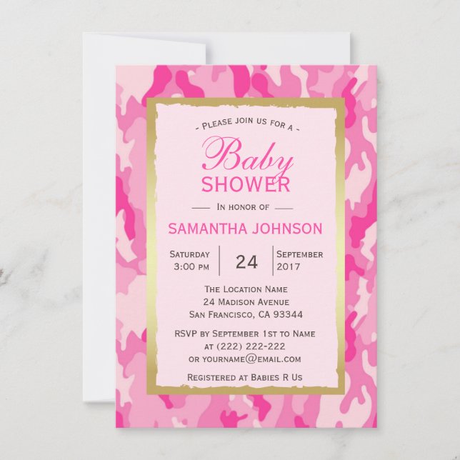 Invitaciones a la ducha de bebé PINK CAMO - Chica (Anverso)