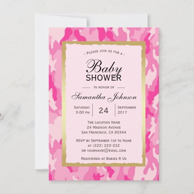 Invitaciones a la ducha de bebé PINK CAMO - Chica (Anverso)