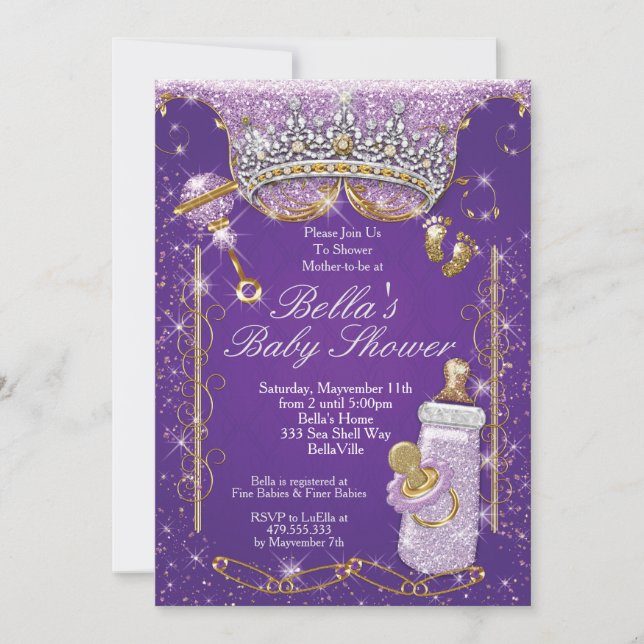 Invitaciones a la ducha de bebé Purpurina morado (Anverso)
