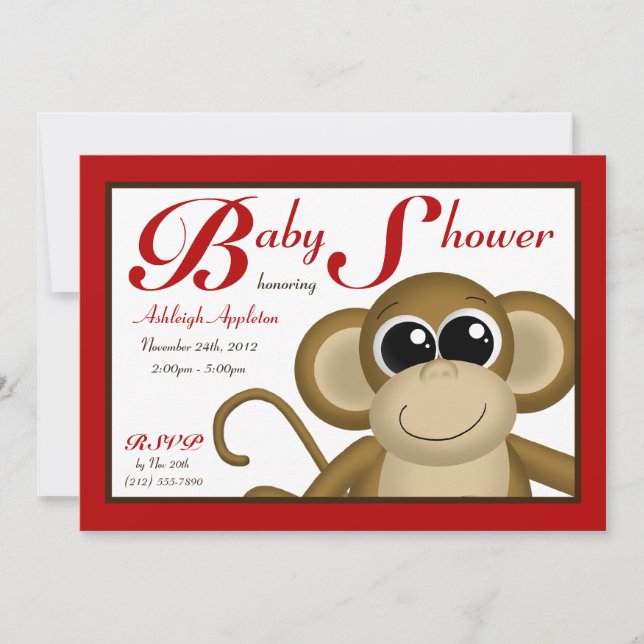 Invitaciones a la ducha de bebé rojo de mono (Anverso)