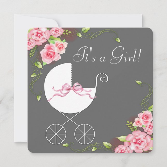 Invitaciones a la ducha de bebé rosa rosa gris de  (Anverso)