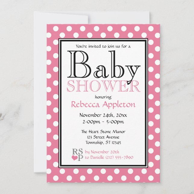 Invitaciones a la ducha de bebé rosada con punto d (Anverso)