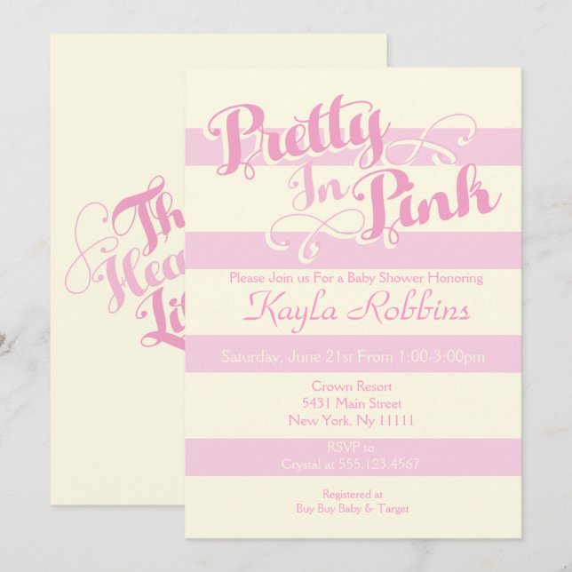 Invitaciones a la ducha de bebé rosada en bonito (Anverso / Reverso)