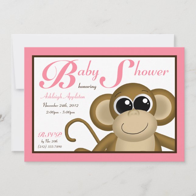 Invitaciones a la ducha de bebé rosada en mono (Anverso)