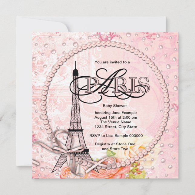 Invitaciones a la ducha de bebé rosada en París (Anverso)