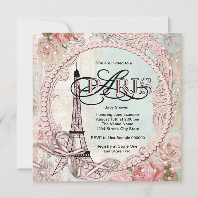Invitaciones a la ducha de bebé rosada en París (Anverso)