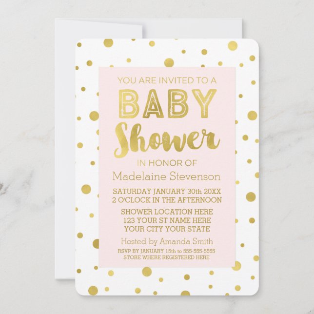 Invitaciones a la ducha de bebé rosada Gold Confet (Reverso)