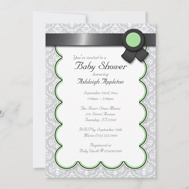 Invitaciones a la ducha de bebé Sage & Grey Damask (Anverso)