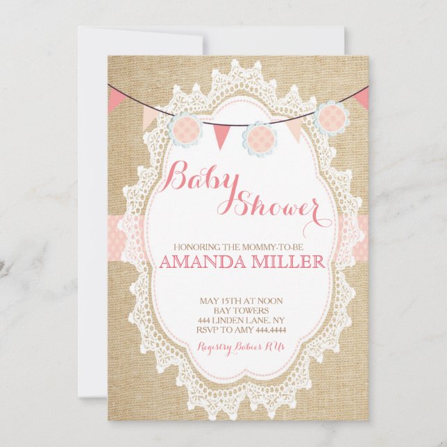 Invitaciones a la ducha de bebé Shabby Chic Rubor  (Anverso)