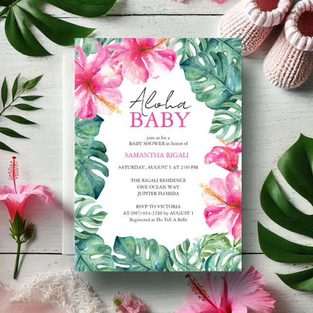 Invitaciones a la ducha de bebé tropical Aloha (Baby shower invitations feature tropical pink flowers & monstera palm leaf art Victoria Grigaliunas)