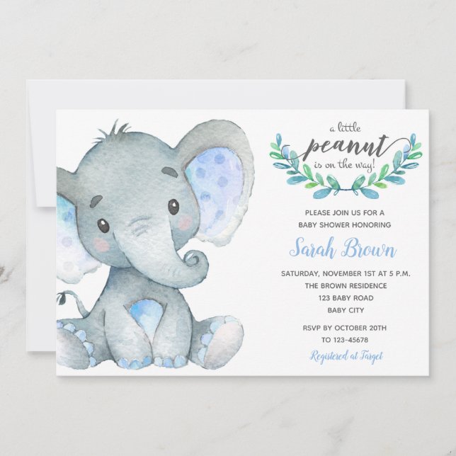 Invitaciones a la ducha de bebés elefantes (acuare (Anverso)