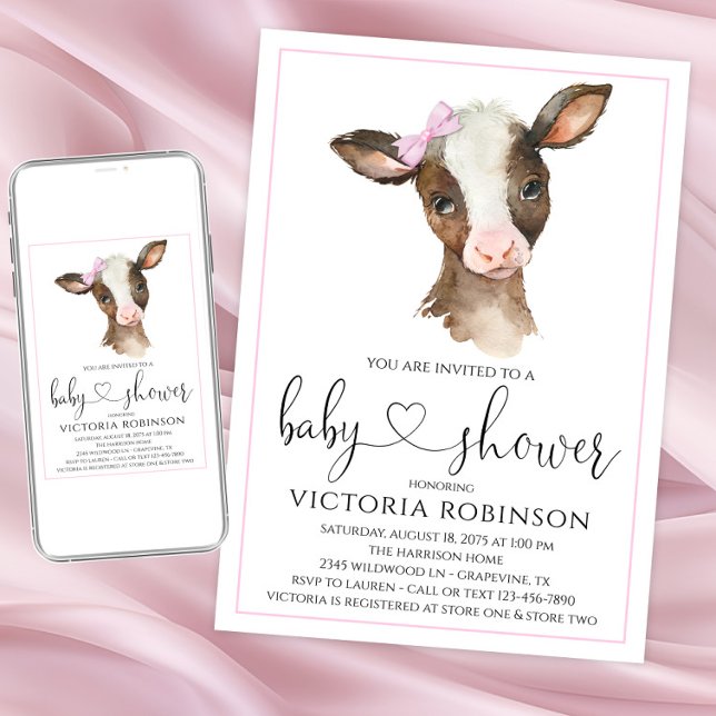 Invitaciones a la ducha de Chica de vaca dulce  de (Adorable cow baby shower invitations. Instant download and printed invitations available.)