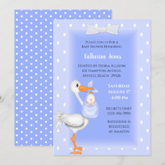 Invitaciones a la ducha de cigüeñas moradas y niño