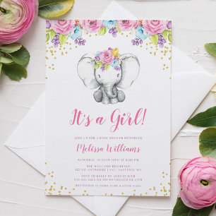 Invitaciones a la ducha de elefante acuarela flora