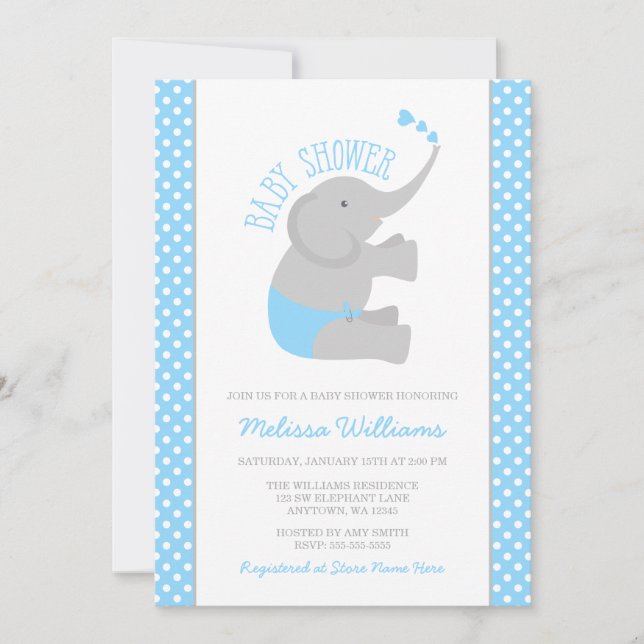 Invitaciones a la ducha de elefante gris azul dulc (Anverso)