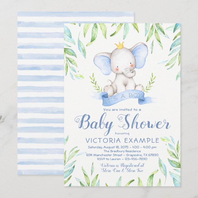 Invitaciones a la ducha de elefante Prince Baby (Anverso / Reverso)