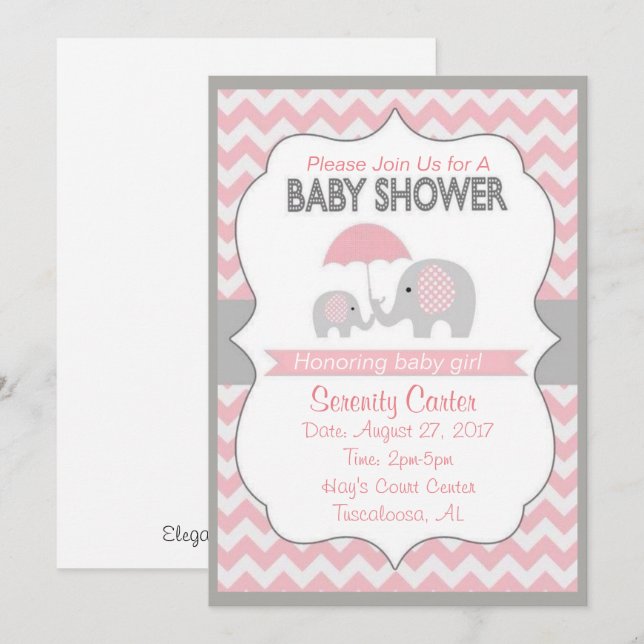 Invitaciones a la ducha de elefante rosa y gris (Anverso / Reverso)