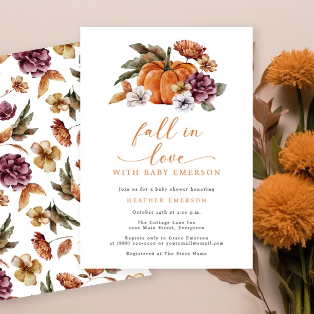Invitaciones a la ducha de la calabaza del Naranja (Fall In Love With Baby Burnt Orange Baby Shower Invitation Watercolor Floral Pumpkins )