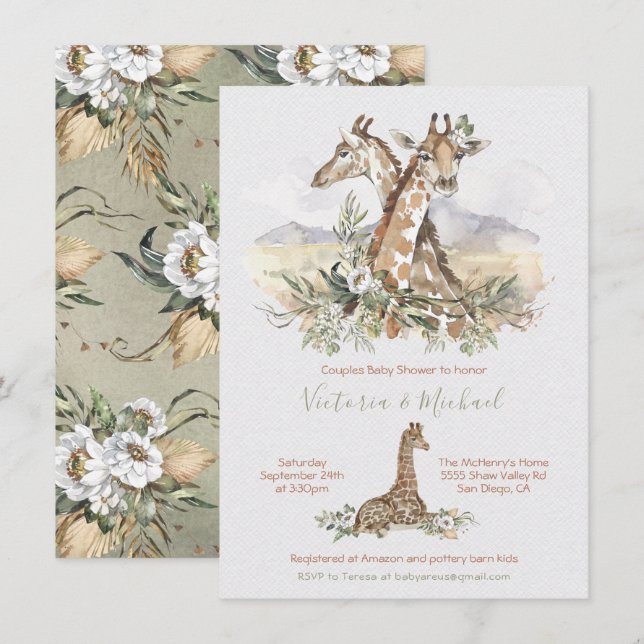 Invitaciones a la ducha de la jirafa de la jungla  (Anverso / Reverso)