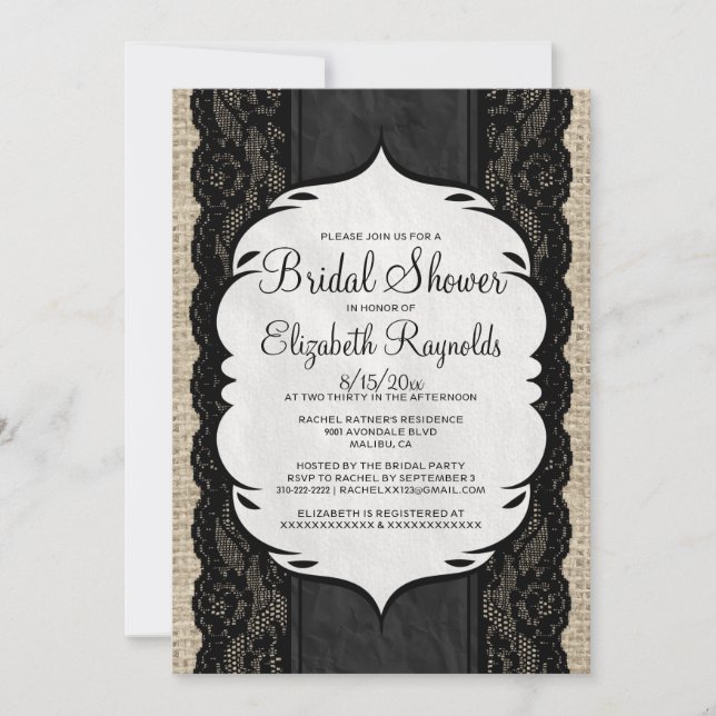 Invitaciones a la ducha de la novia de Black Linen (Anverso)