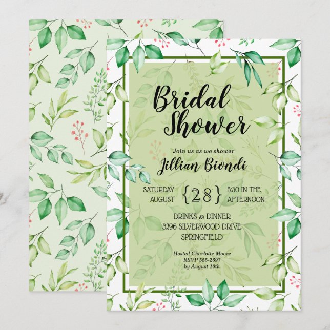 Invitaciones a la ducha de la novia de las hojas v (Anverso / Reverso)