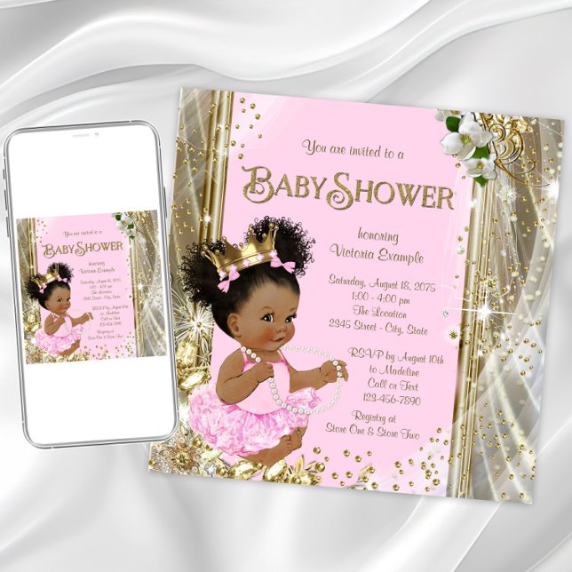 Invitaciones a la ducha de la princesa africana no (Pink gold princess baby shower invitation. Instant download and printed invitations available.)