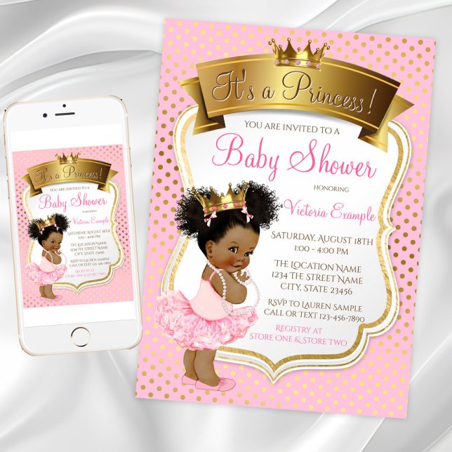 Invitaciones a la ducha de la princesa africana no (African American princess baby shower invitation. Digital download and printed available.)