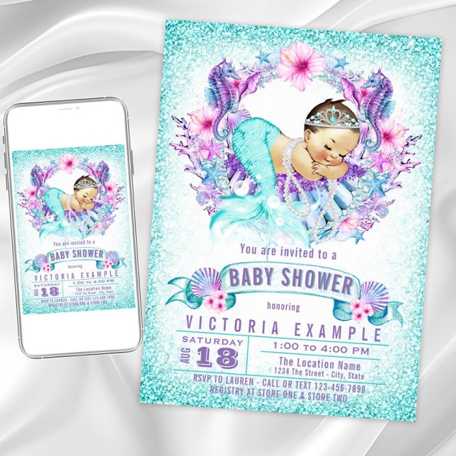 Invitaciones a la ducha de la sirena Verde azulada (Cute mermaid baby shower invitation. Instant download and printed invitations available.)