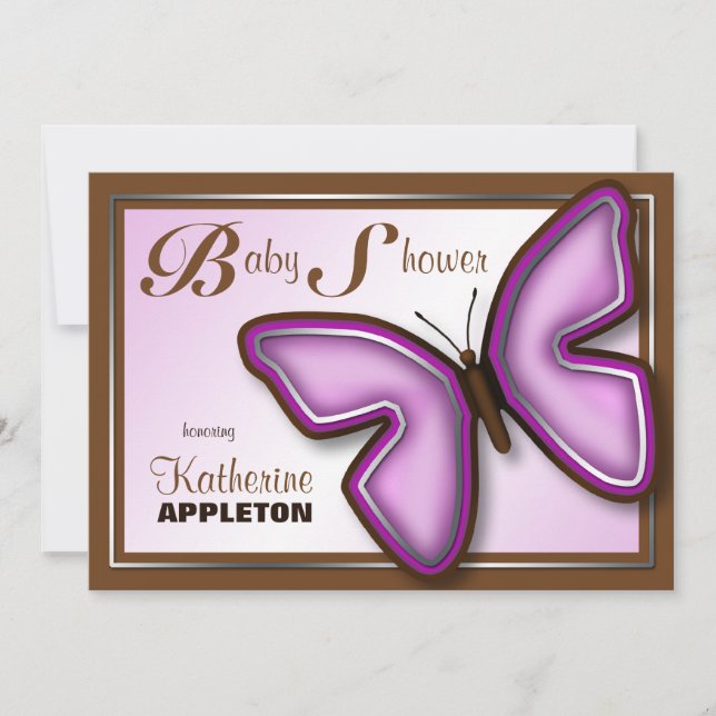 Invitaciones a la ducha de mariposas marrones y mo (Anverso)
