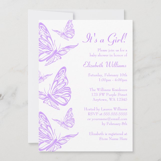 Invitaciones a la ducha de mariposas púrpura (Anverso)