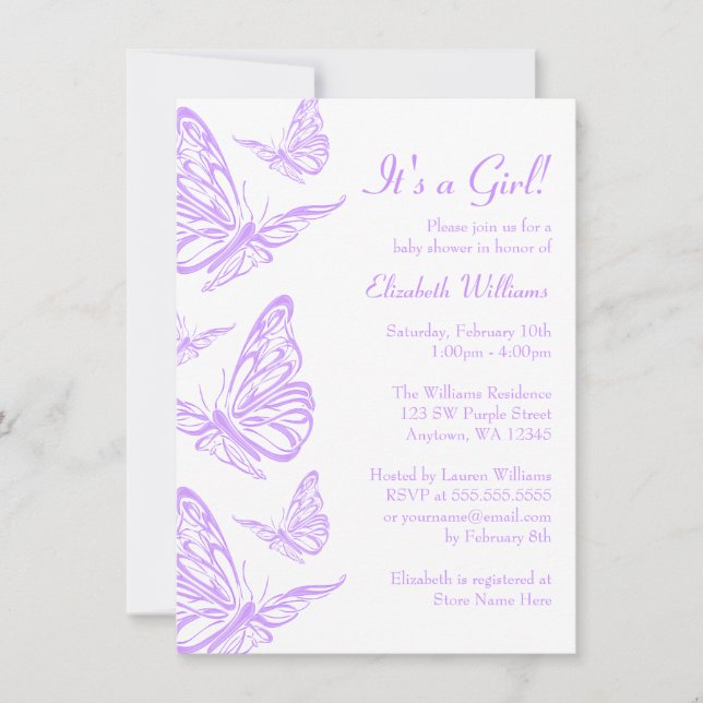 Invitaciones a la ducha de mariposas púrpura (Anverso)
