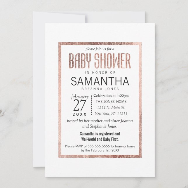 Invitaciones a la ducha de Moda Faux Rosa Gold Bab (Anverso)