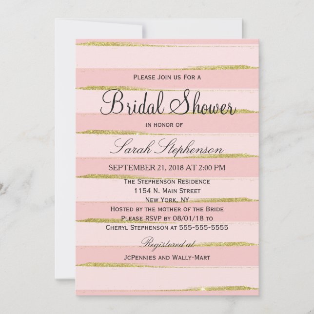 Invitaciones a la ducha de moda Gold Pink Stripes  (Anverso)