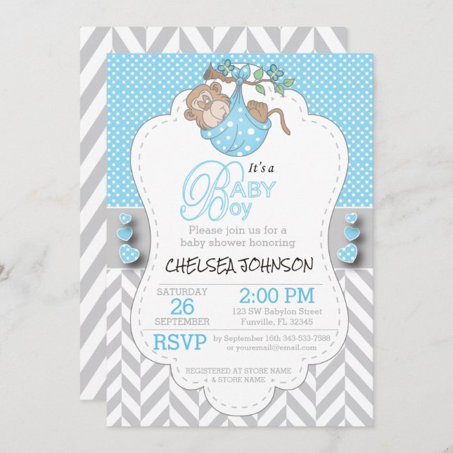 Invitaciones a la ducha de mono azul y blanco gris (Anverso / Reverso)