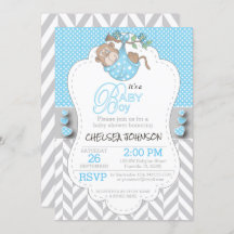 Invitaciones a la ducha de mono azul y blanco gris