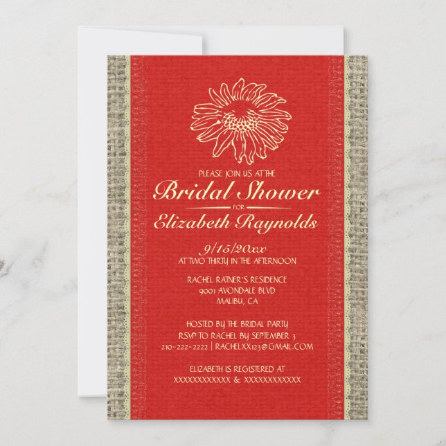 Invitaciones a la ducha de nata roja y dorada (Anverso)