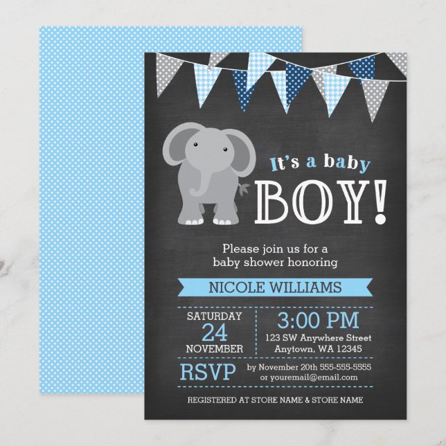 Invitaciones a la ducha de niños con Elefante de C (Anverso / Reverso)