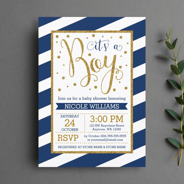 Invitaciones a la ducha de niños con franjas de or (Subido por el creador)