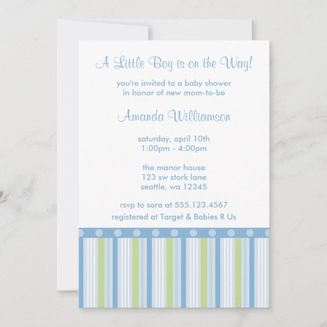 Invitaciones a la ducha de niños con tira azul y v (Anverso)