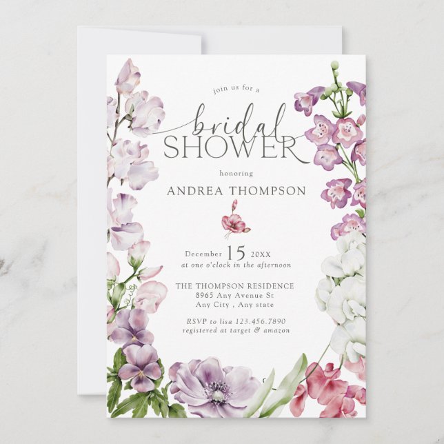 Invitaciones a la ducha de novia acuarela floral (Anverso)