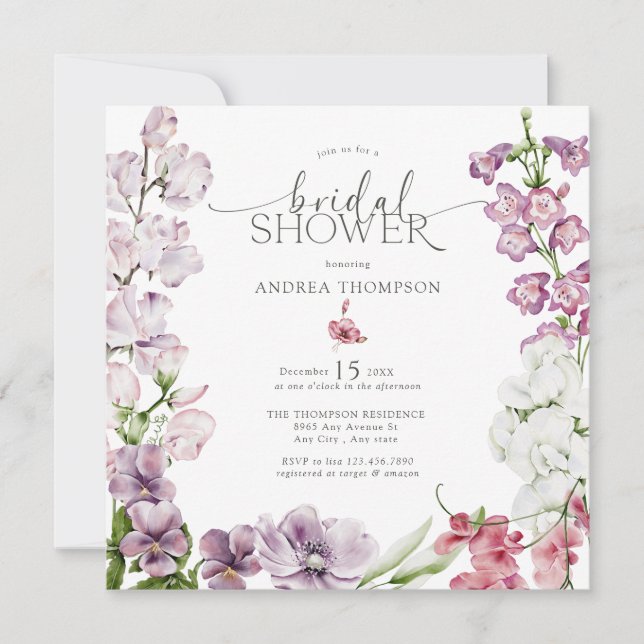 Invitaciones a la ducha de novia acuarela floral (Anverso)