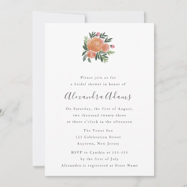 Invitaciones a la ducha de novia acuarela floral (Anverso)
