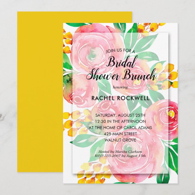 Invitaciones a la ducha de novia acuarela rosa con (Anverso / Reverso)